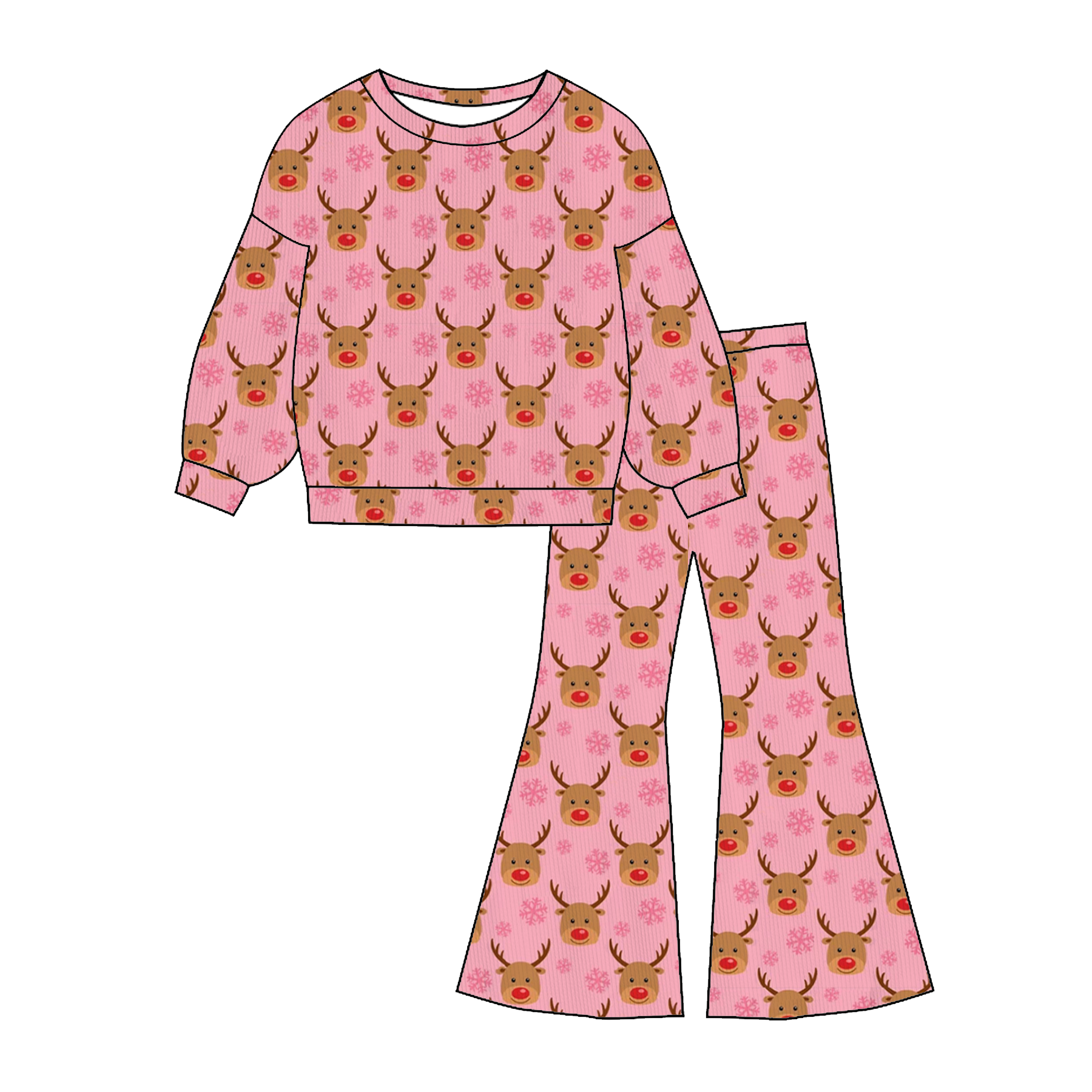 （Pre Order）Girls Christmas Bow&Elk Print Sweatshirt Suit,Pajamas