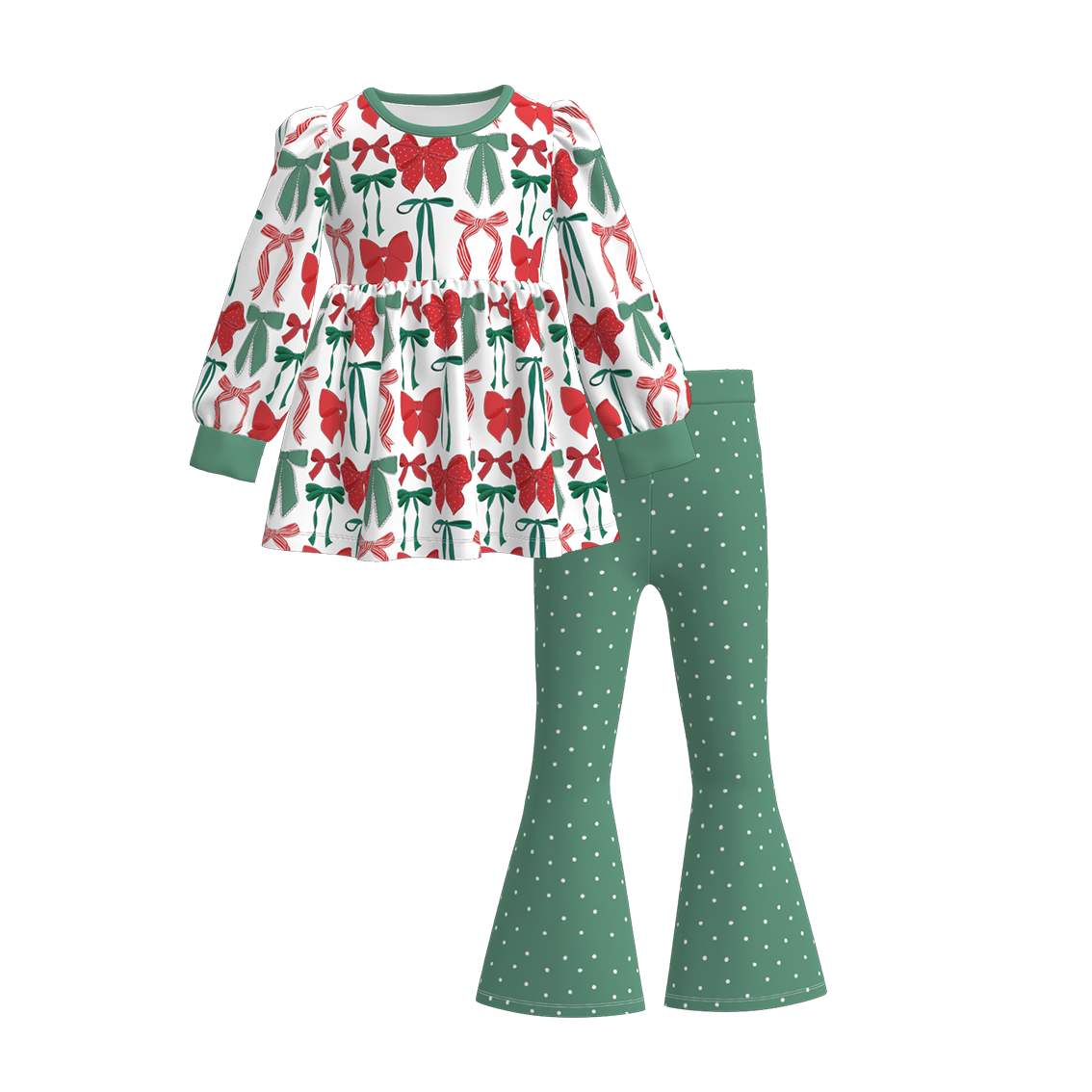 （Pre Order）Girls Christmas Bow Print Dress&Set