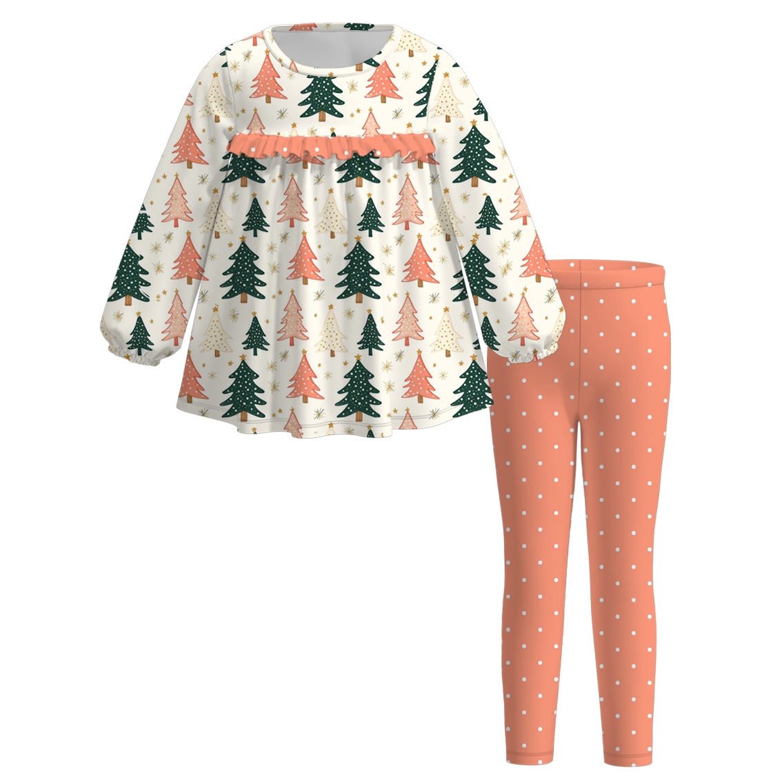 （Pre Order）Girls Christmas Tree Print Dress with Pockets&Set