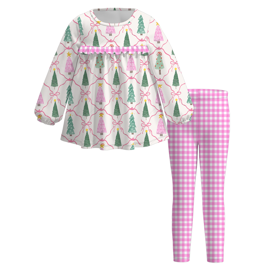 （Pre Order）Girls Christmas Tree Print Dress with Pockets&Set