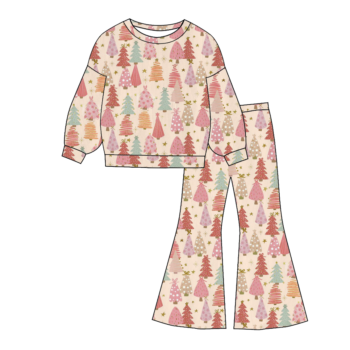 （Pre Order）Girls Christmas Tree&Bow Print Twill Sweatshirt Suit