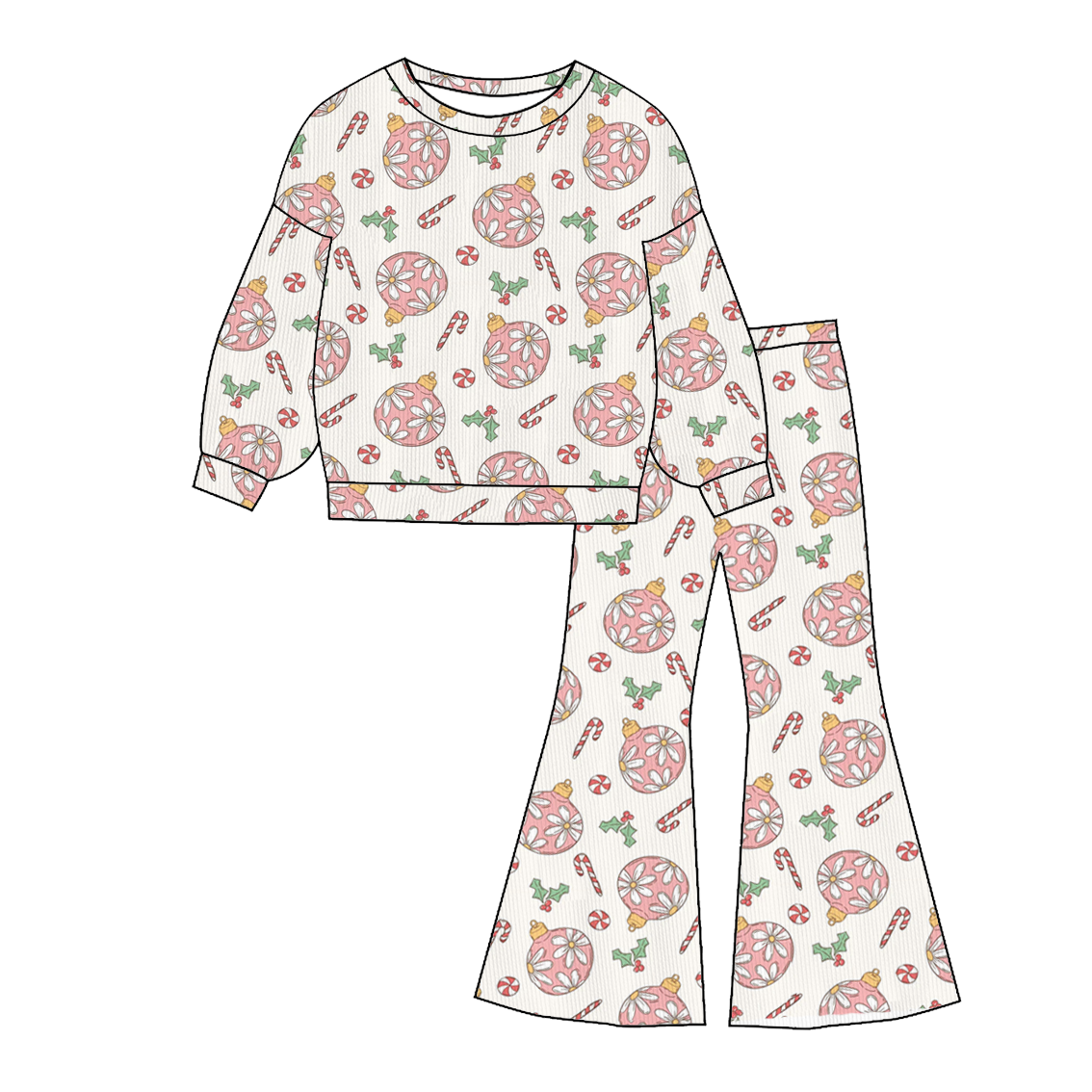 （Pre Order）Girls Christmas Tree&Bow Print Twill Sweatshirt Suit