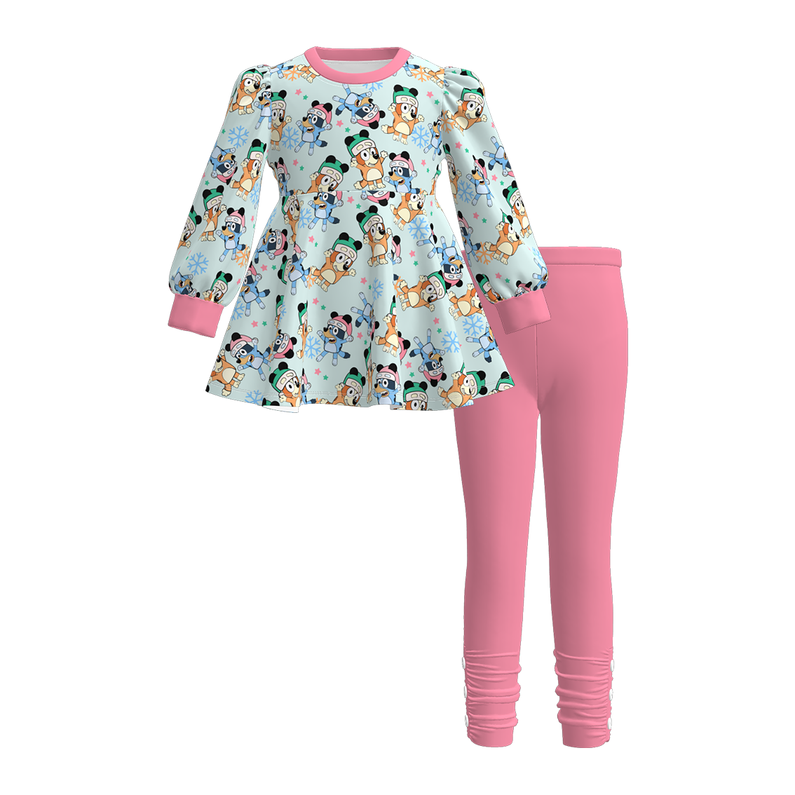 （Pre Order）Girls Christmas Blue Dog Print Outfit Set