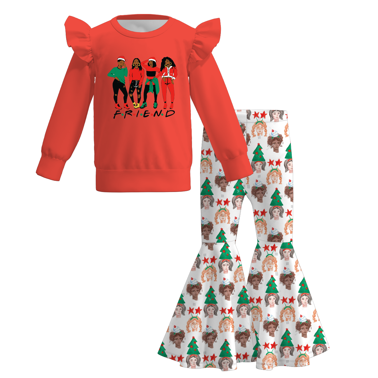 （Pre Order）Girls Christmas Print Ruffle Sweatshirt Set