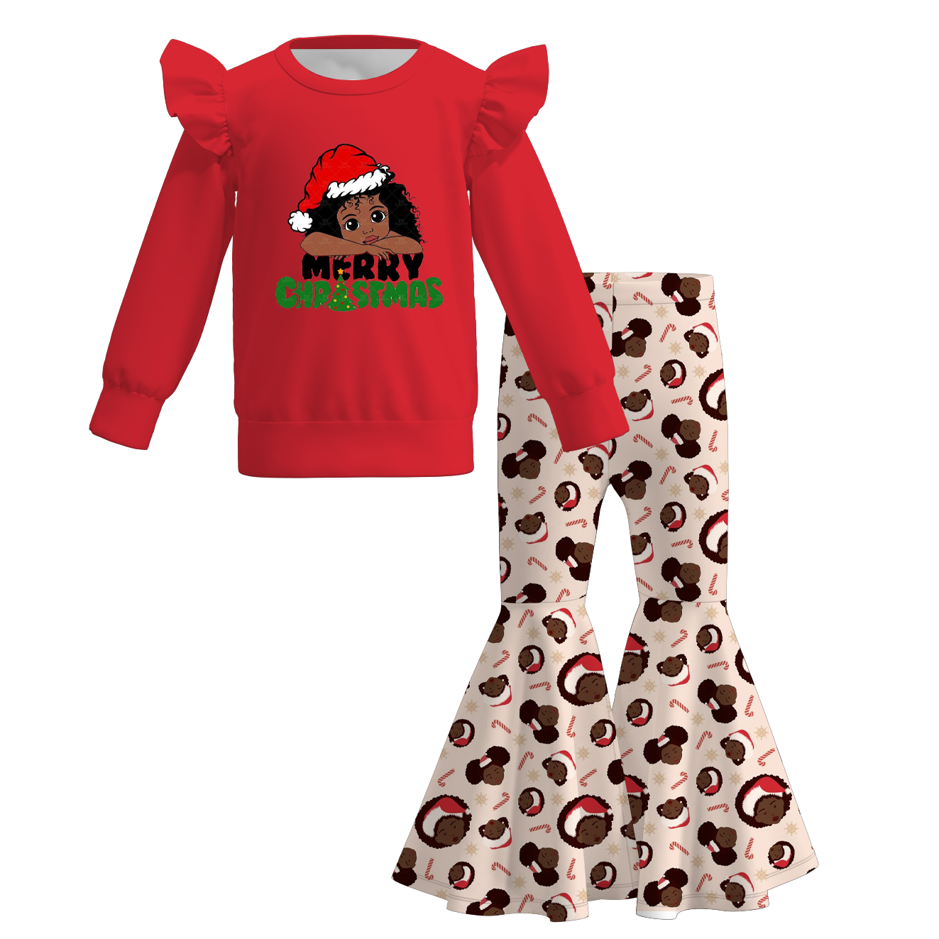 （Pre Order）Girls Christmas Print Ruffle Sweatshirt Set
