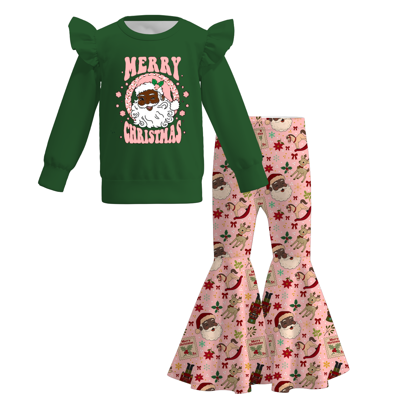 （Pre Order）Girls Christmas Print Ruffle Sweatshirt Set