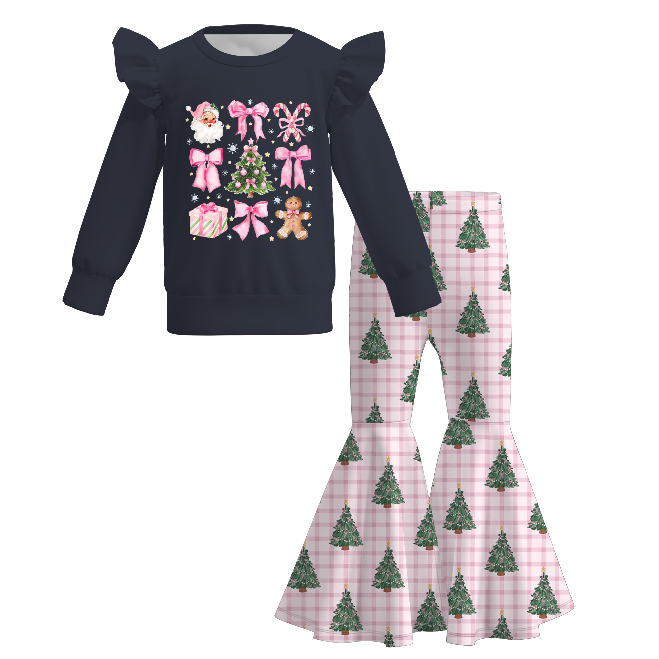 （Pre Order）Girls Christmas Print Ruffle Sweatshirt Set
