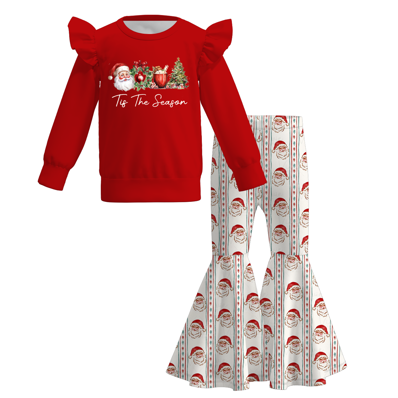 （Pre Order）Girls Christmas Print Ruffle Sweatshirt Set