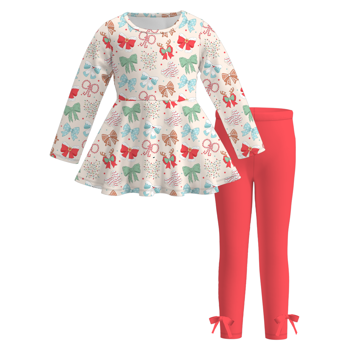 （Pre Order）Girls Christmas Bow Print Dress&Set