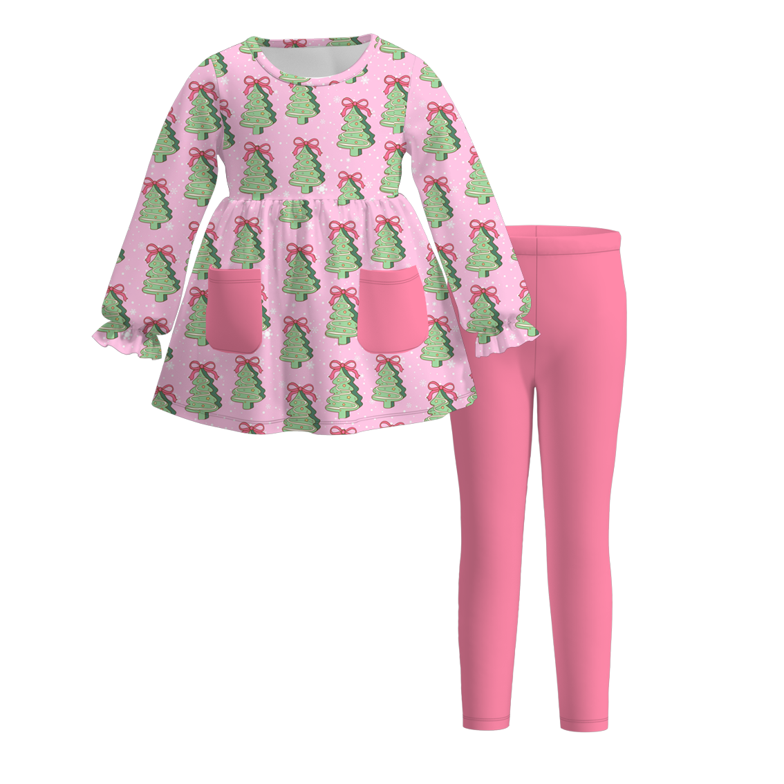 （Pre Order）Girls Christmas Print Outfit Set with Pockets