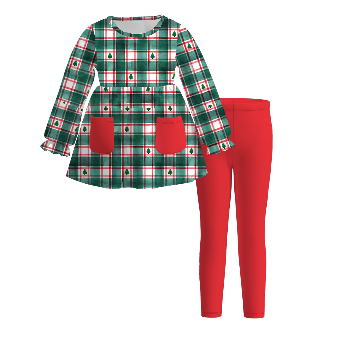 （Pre Order）Girls Christmas Print Outfit Set with Pockets