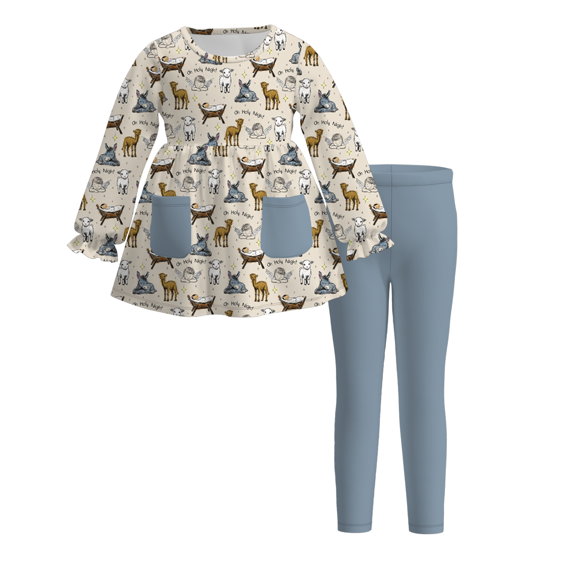 （Pre Order）Girls Christmas Print Outfit Set with Pockets