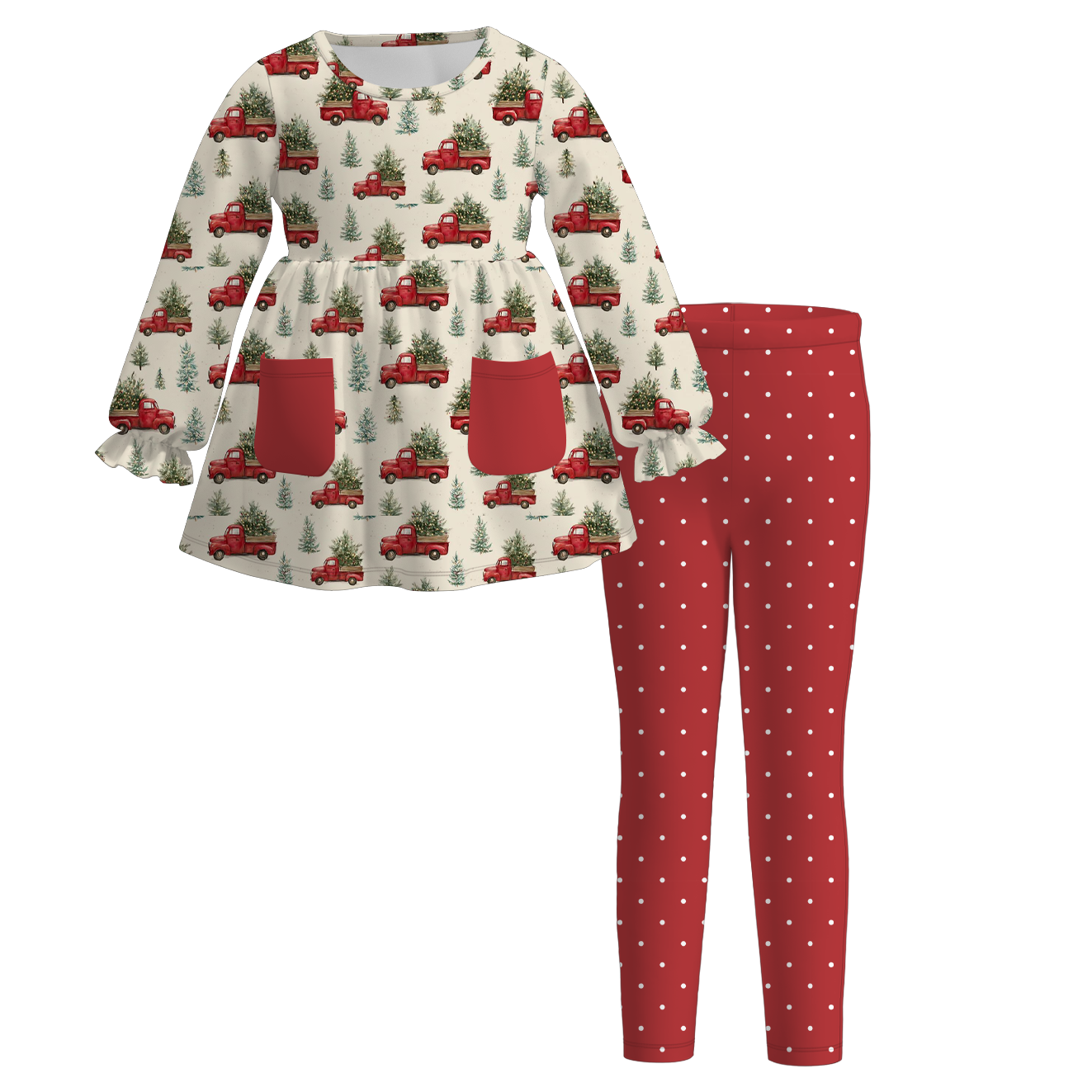 （Pre Order）Girls Christmas Print Outfit Set with Pockets