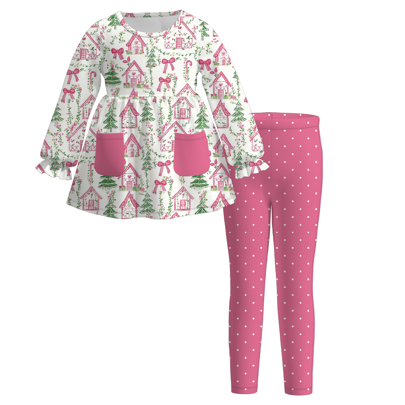 （Pre Order）Girls Christmas Print Outfit Set with Pockets