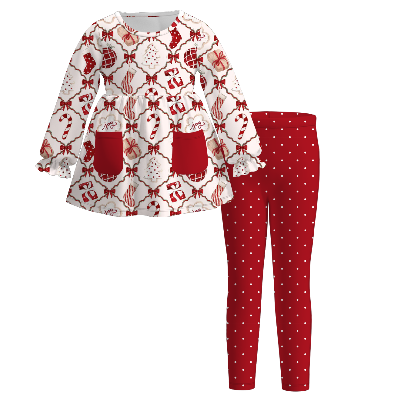 （Pre Order）Girls Christmas Print Outfit Set with Pockets
