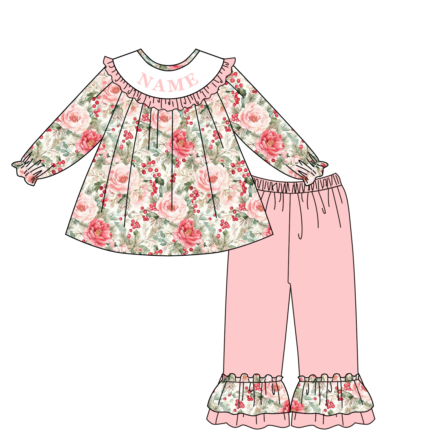 （Pre Order）Family Christmas Floral Embroidery Smocked Set&Romper