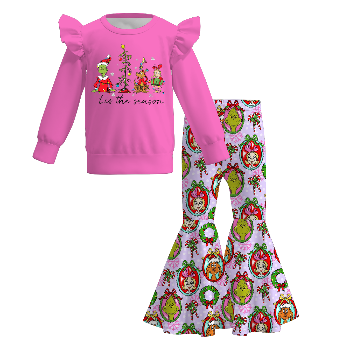 （Pre Order）Girls Christmas Cartoon Print Outfit Set