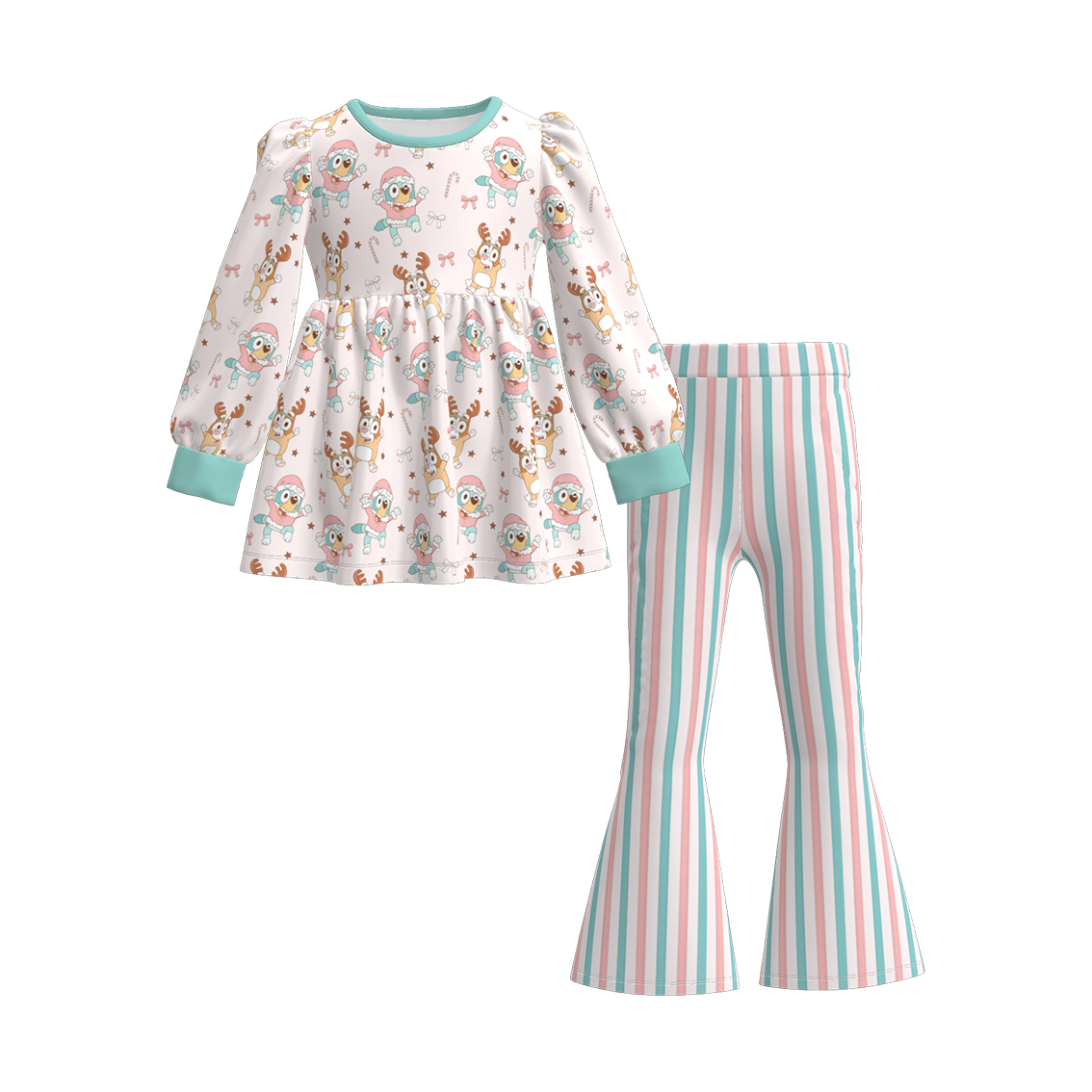 （Pre Order）Girls Christmas Cartoon Print Outfit Set