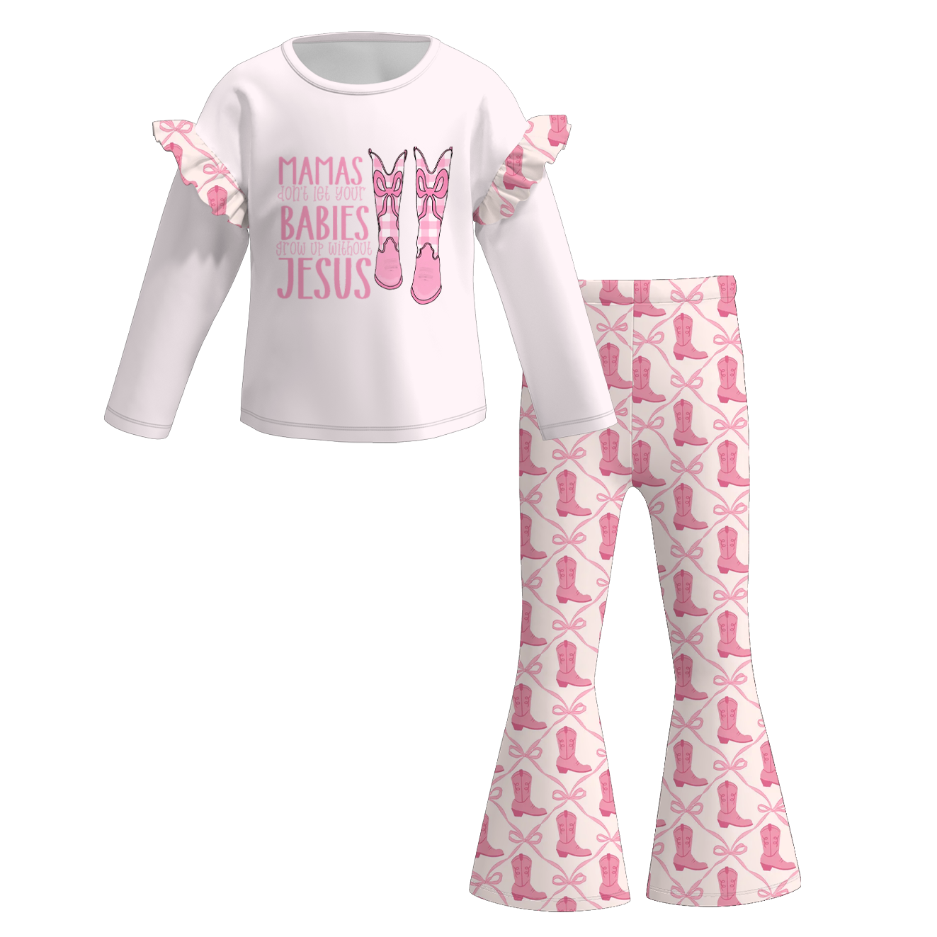 （Pre Order）Girls Fall Bow&Boots Print Outfit Set