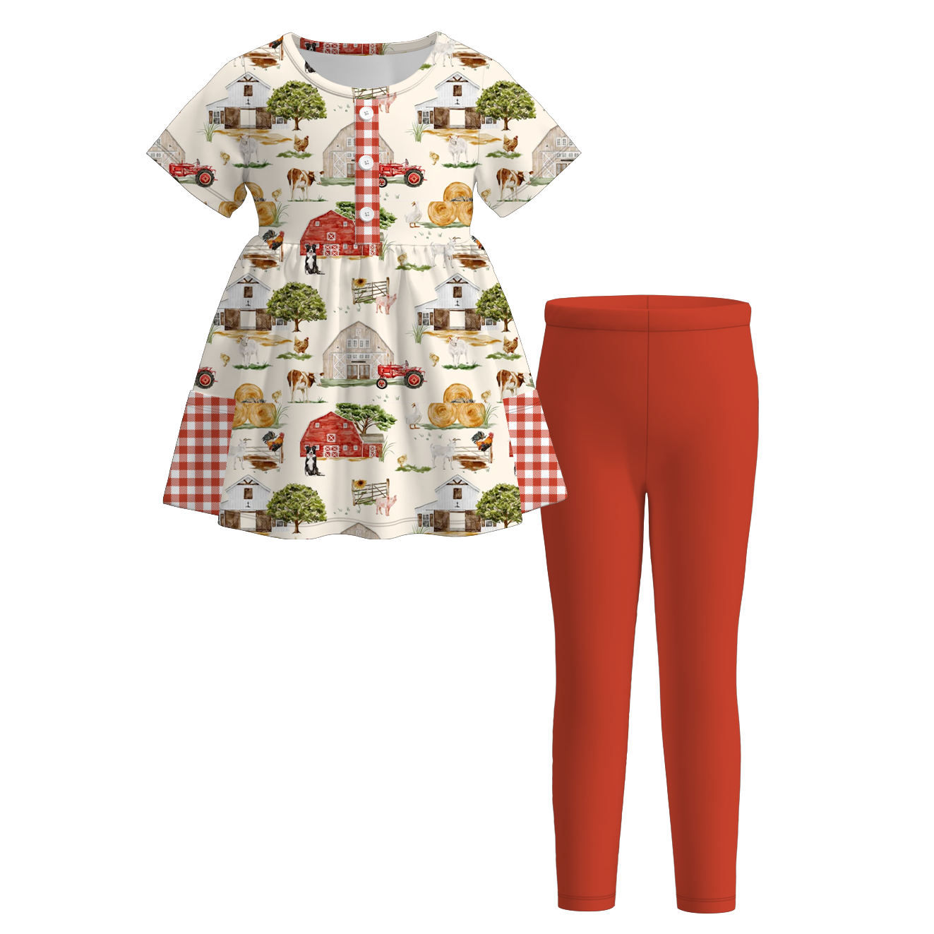 （Pre Order）Girls Fall Farm Chick&Boots Print Outfit Set with Pockets