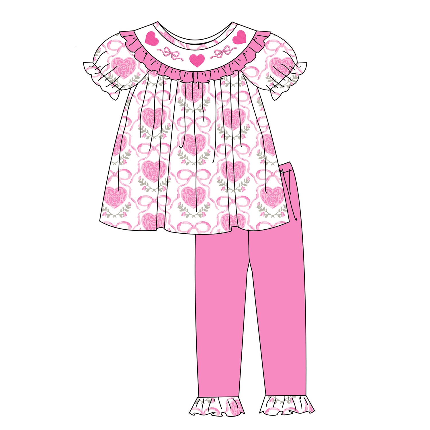 （Pre Order）Sisters Valentine's Day Embroidery Smocked Dress,Set&Romper