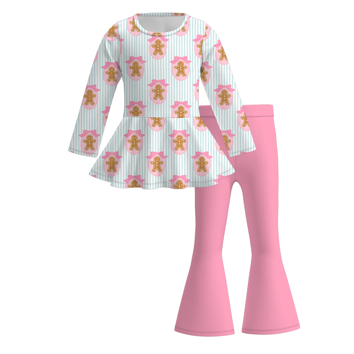 （Pre Order）Girls Christmas Bow&Gingerbread Print Dress,Set