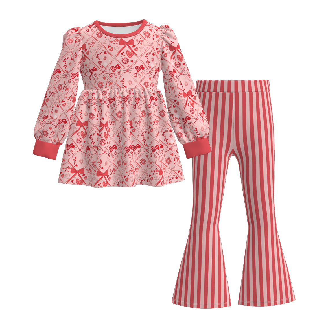 （Pre Order）Girls Valentine's Day Bow Print Dress,Set&Top