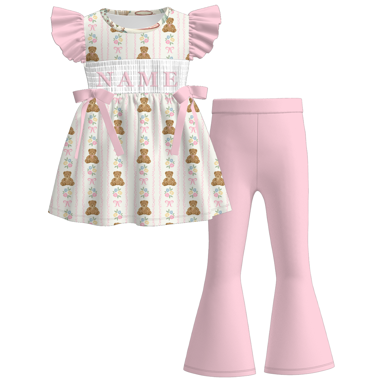 （Pre Order）Sisters Spring Bear Embroidery Smocked Dress,Set&Romper