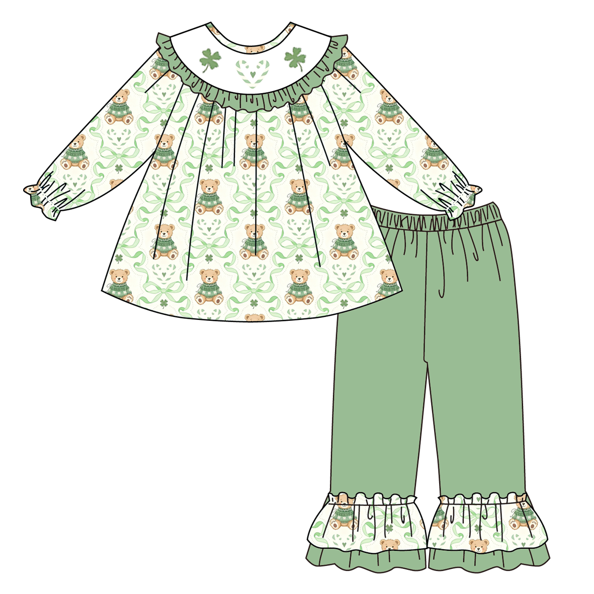 （Pre Order）Siblings St. Patrick's Day Shamrock Embroidery Smocked Set&Romper