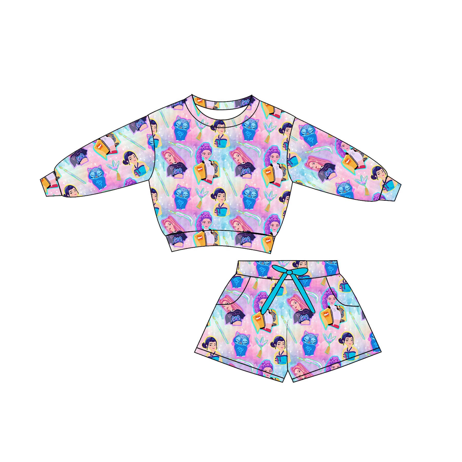 （Pre Order）Girls Spring&Summer Movie Character Print Shorts Set with Pockets