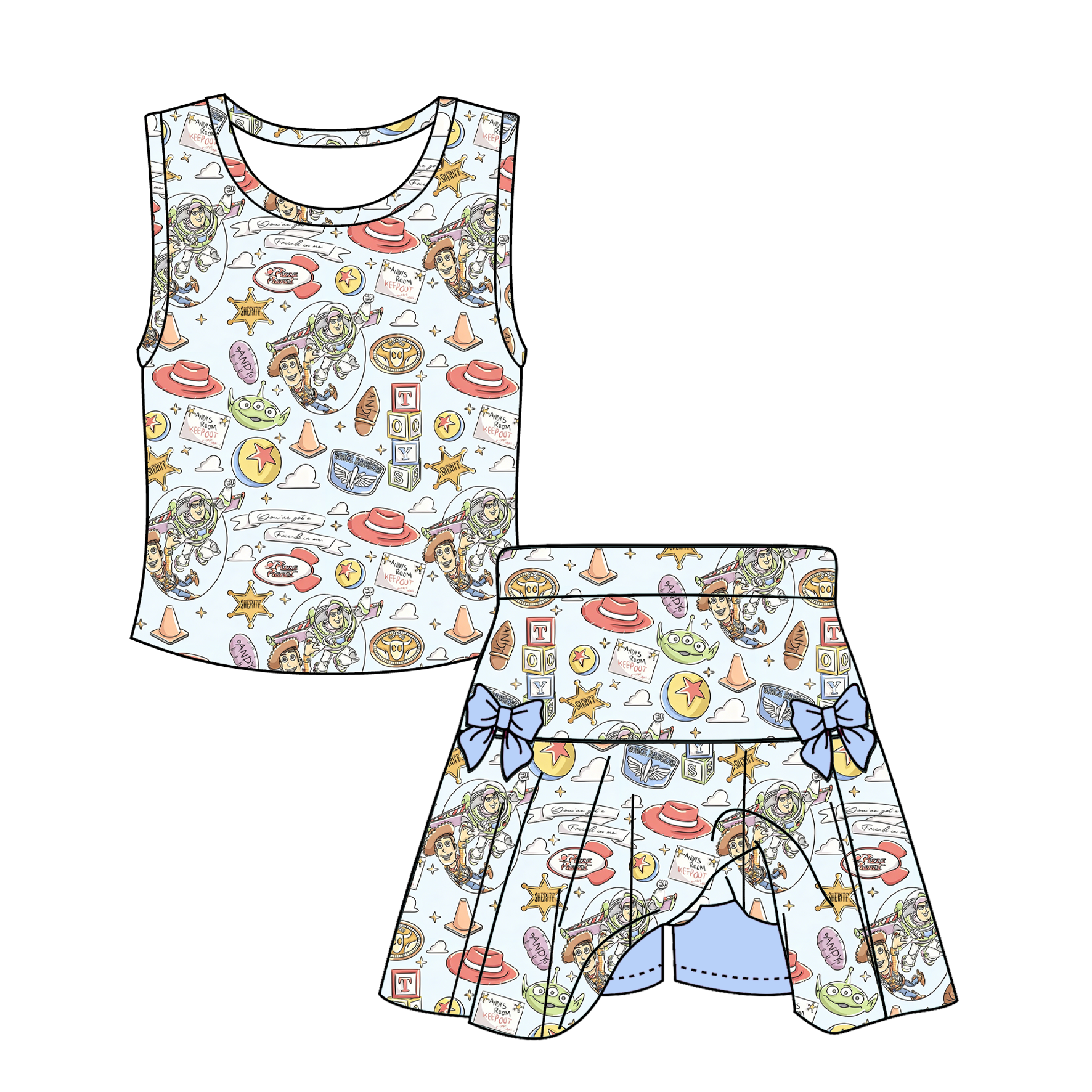 （Pre Order）Siblings Spring&Summer Cartoon Toy Print Skort Set&Top