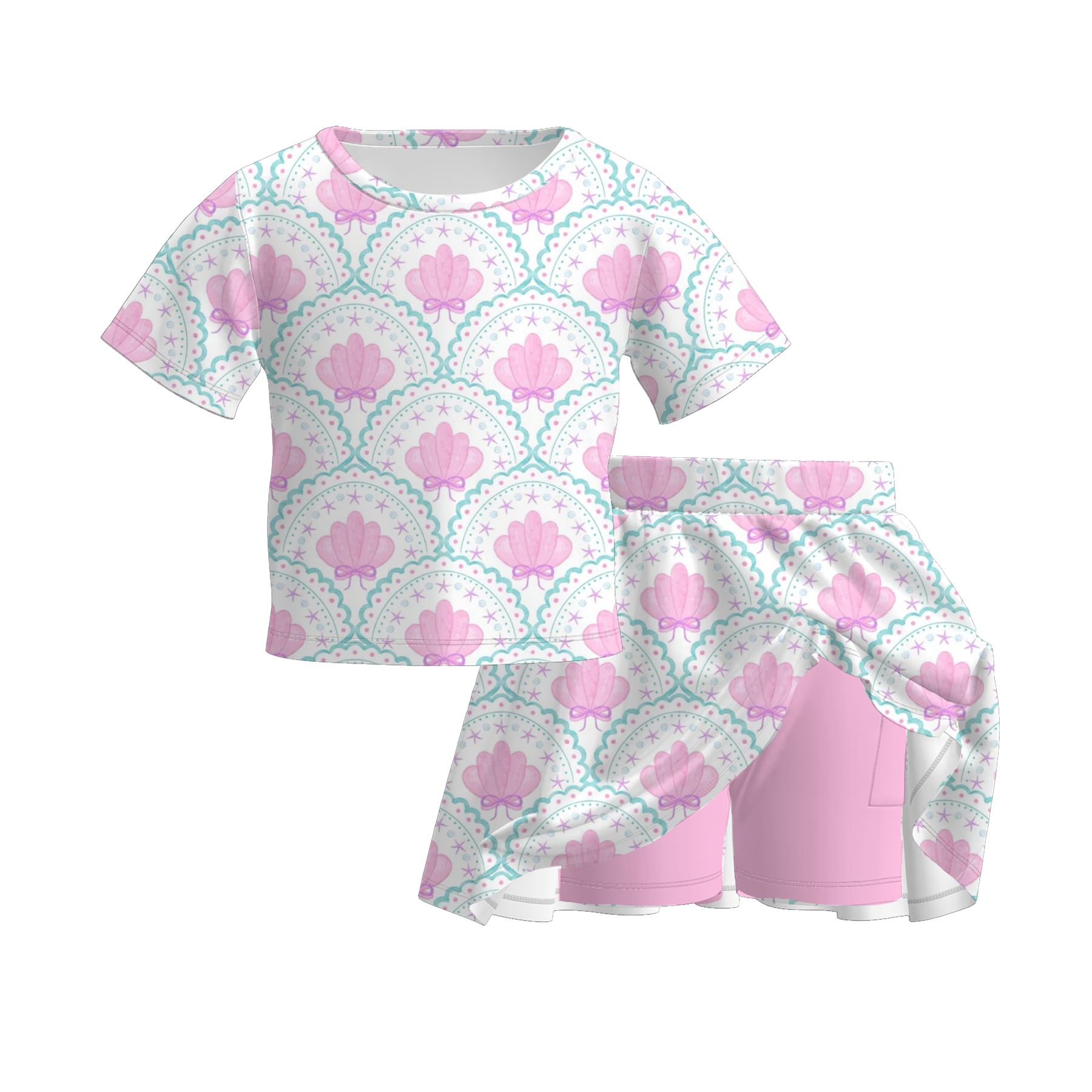 （Pre Order）Girls Spring&Summer Seashell Print Dress&Skorts Set