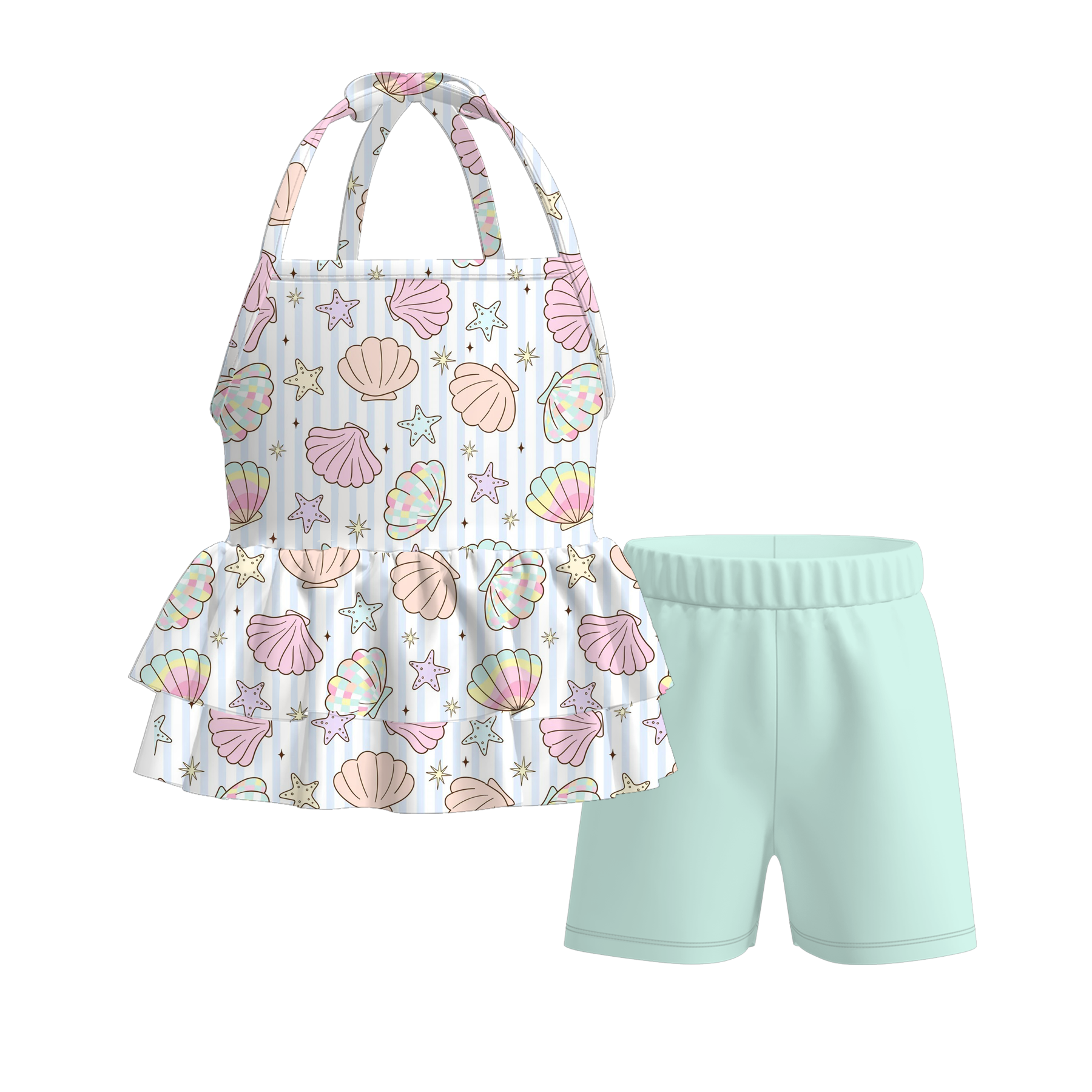 （Pre Order）Girls Spring&Summer Seashell Print Shorts Set