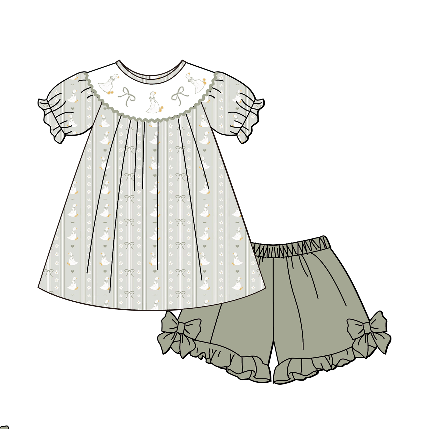 （Pre Order）Sisters Spring&Summer Goose Embroidery Smocked Shorts Set&Romper