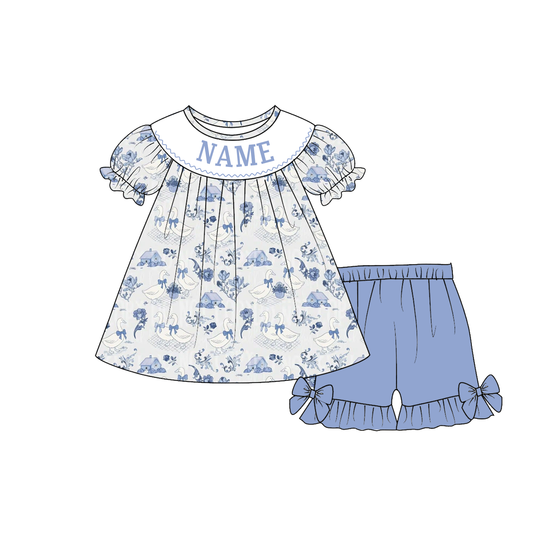 （Pre Order）Sisters Spring&Summer Goose Embroidery Smocked Shorts Set&Romper