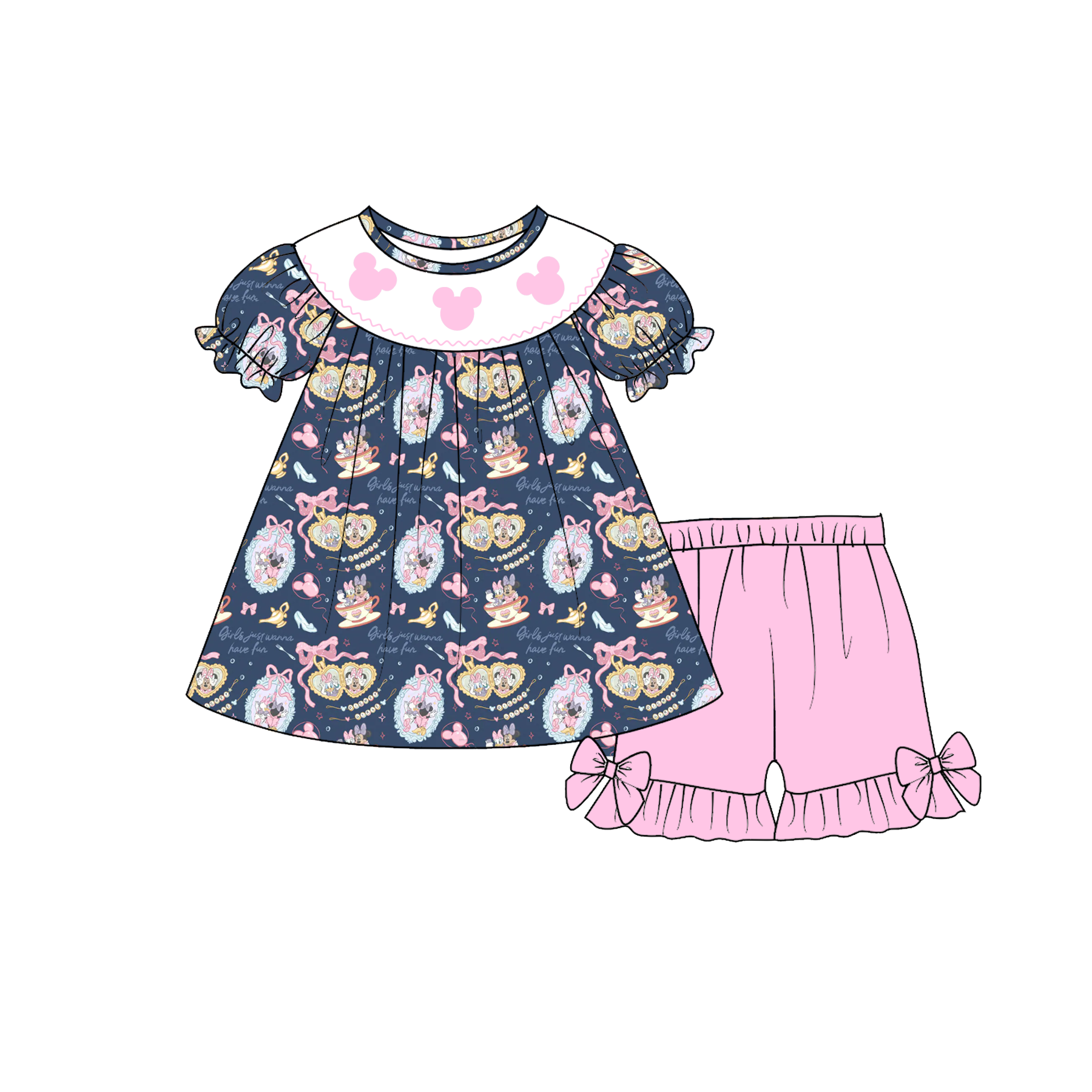 （Pre Order）Sisters Spring&Summer Cartoon Embroidery Smocked Shorts Set&Romper