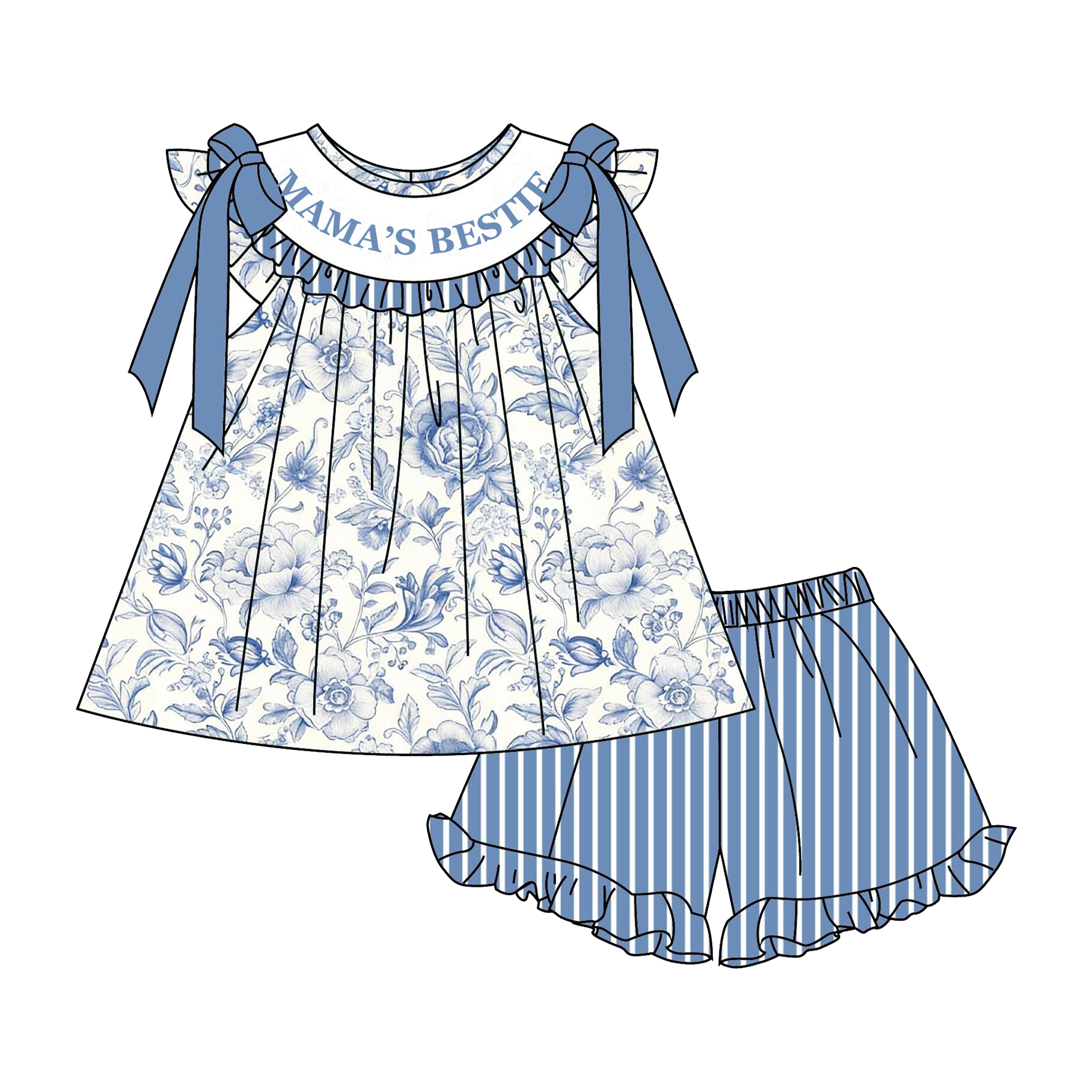 （Pre Order）Sisters Spring&Summer“MAMA'S BESTIE”Embroidery Smocked Dress,Shorts Set&Romper