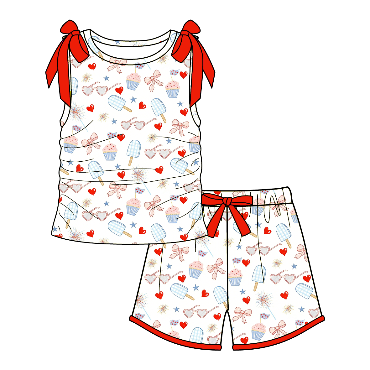 （Pre Order）Girls Summer Patriotic Print Dress&Shorts Set