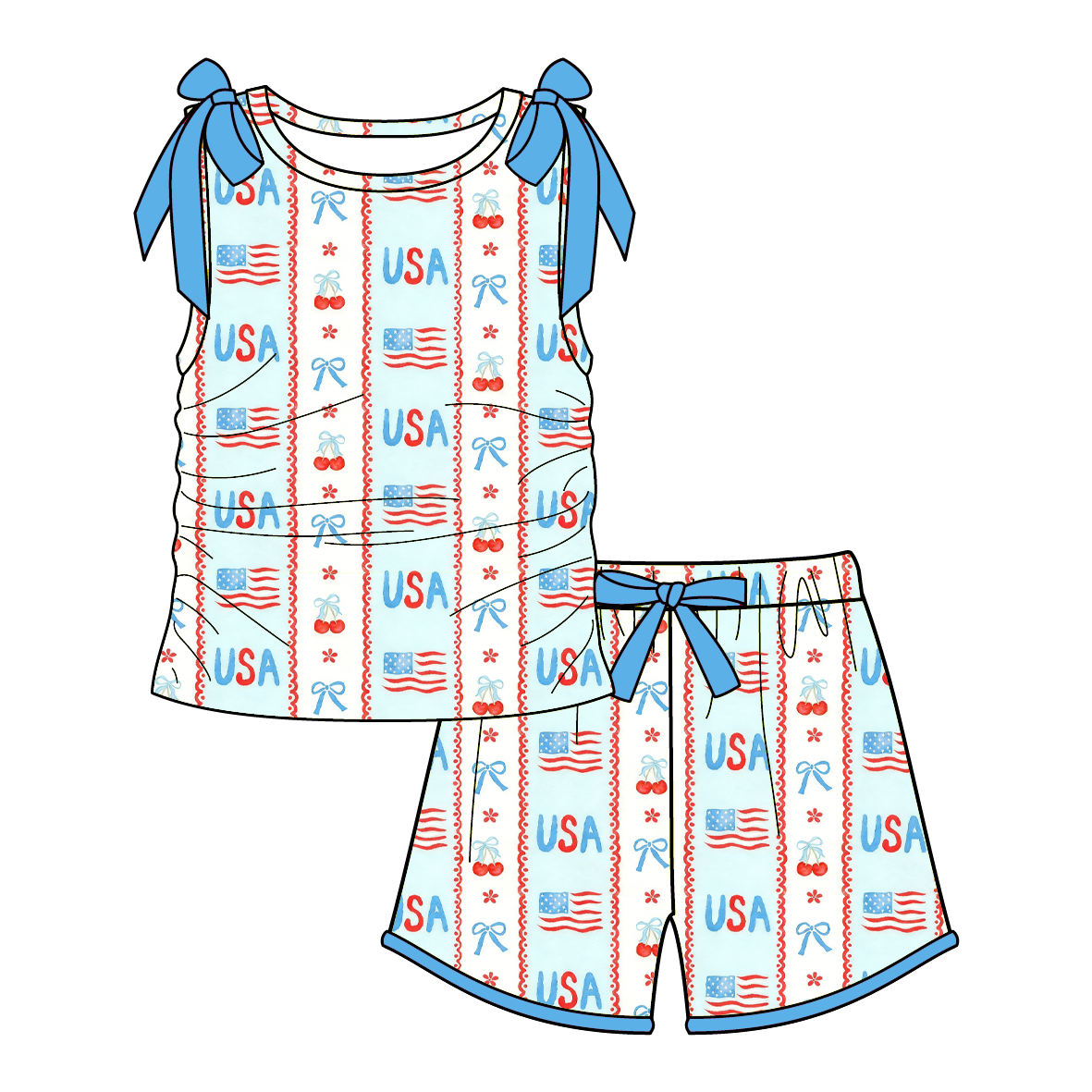 （Pre Order）Family Summer Patriotic Print Dress,Set&Romper