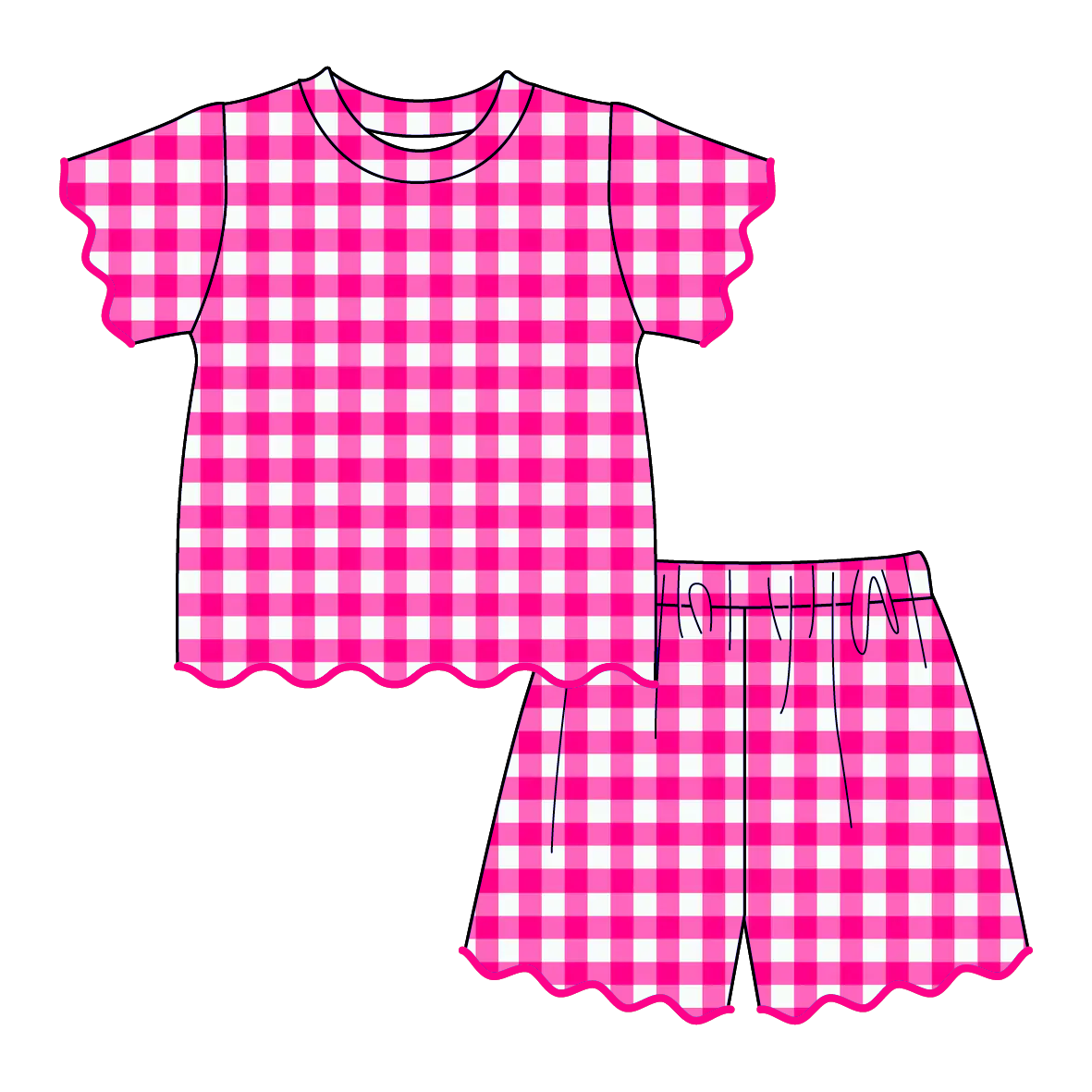 （Pre Order）Girls Spring&Summer Plaid Scallop Shorts Set