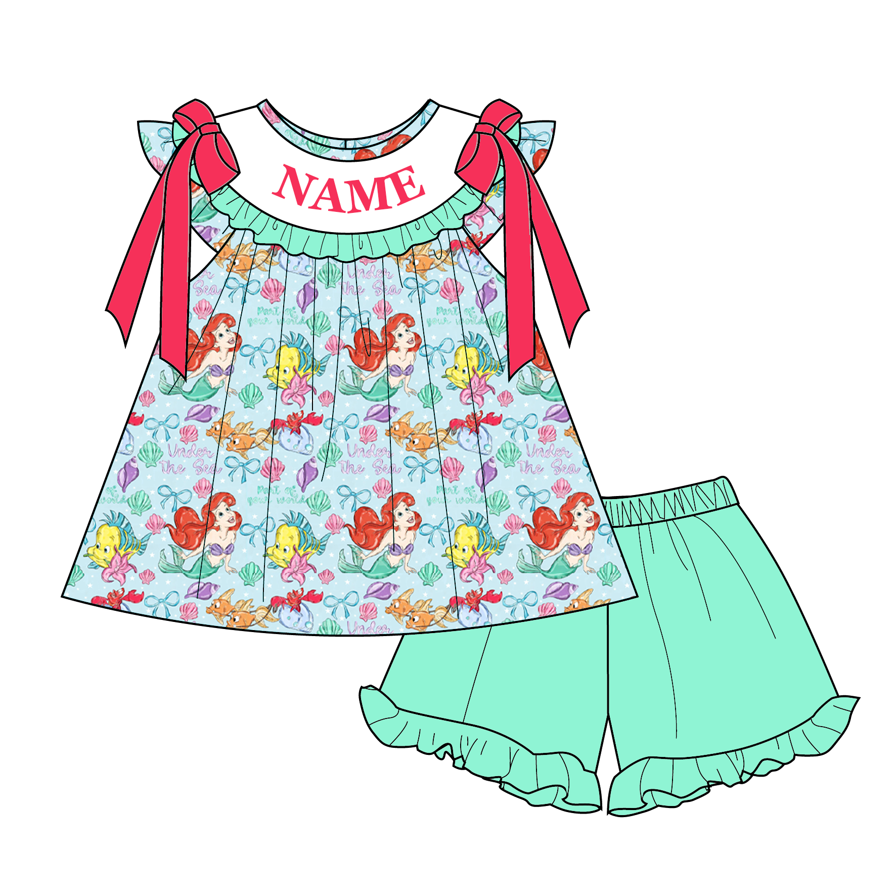 （Pre Order）Sisters Spring&Summer Mermaid Embroidery Smocked Dress,Set&Romper-Customized name
