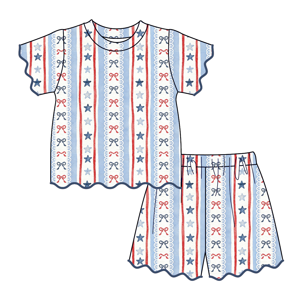 （Pre Order）Girls Summer Patriotic Scallop Shorts Set