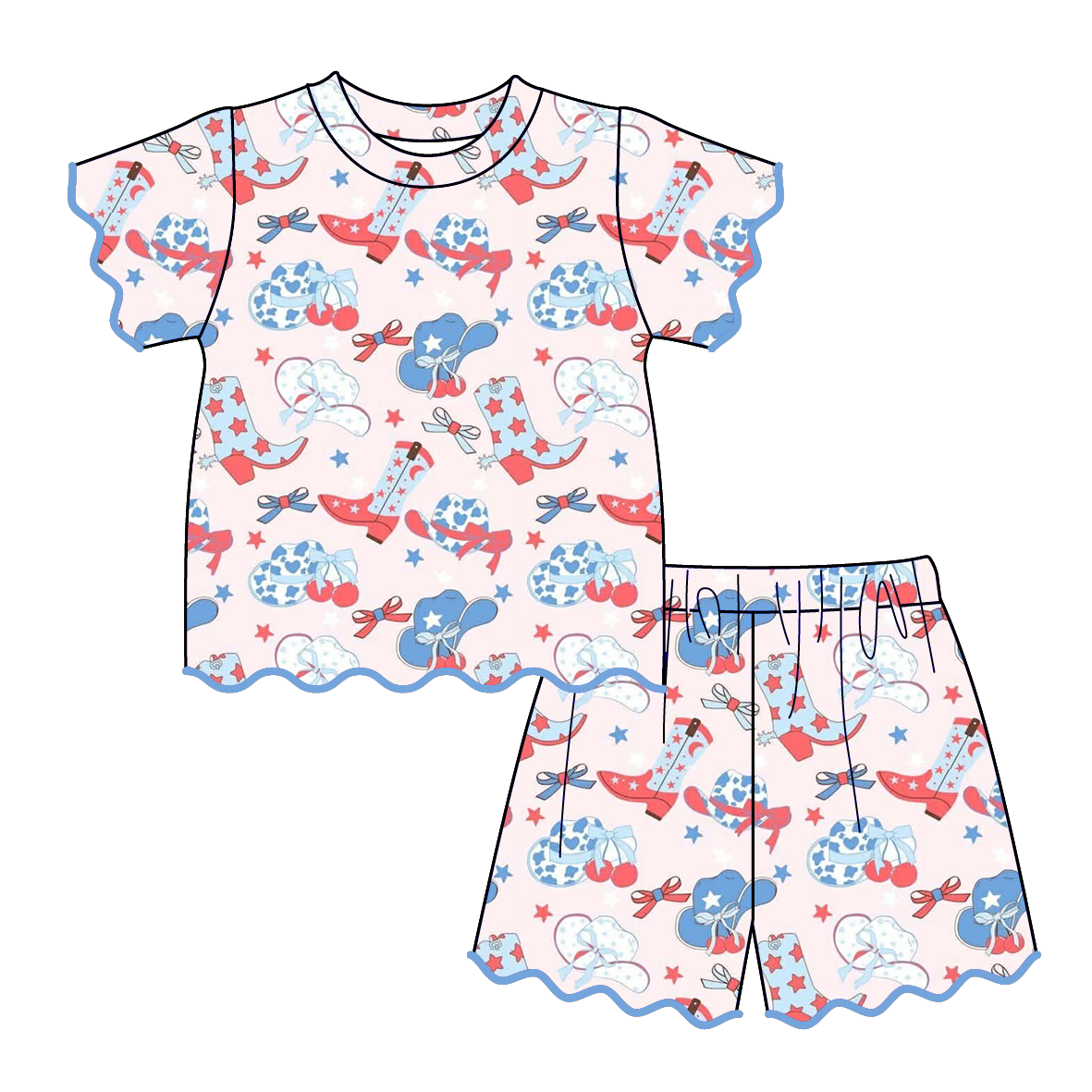 （Pre Order）Girls Summer Patriotic Scallop Shorts Set