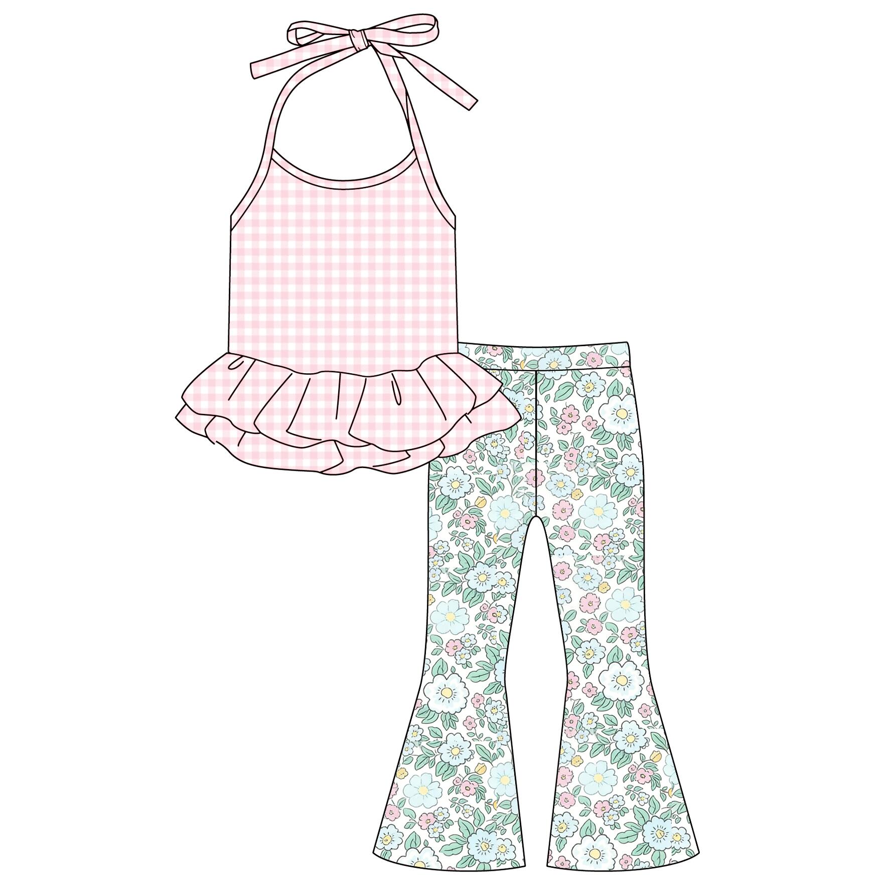 （Pre Order）Girls Spring&Summer Bow,Floral Print Outfit Set