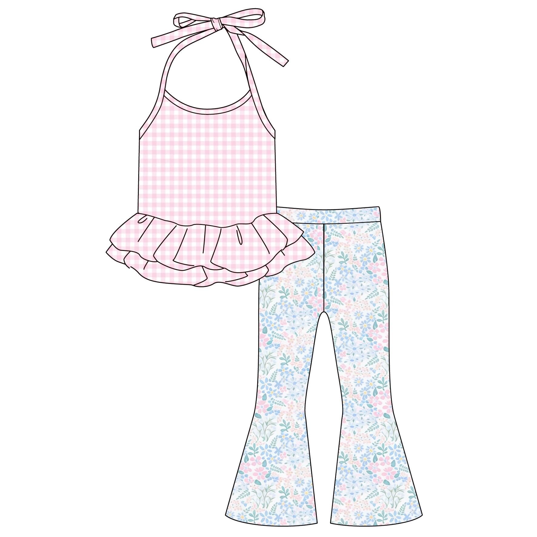 （Pre Order）Girls Spring&Summer Bow,Floral Print Outfit Set
