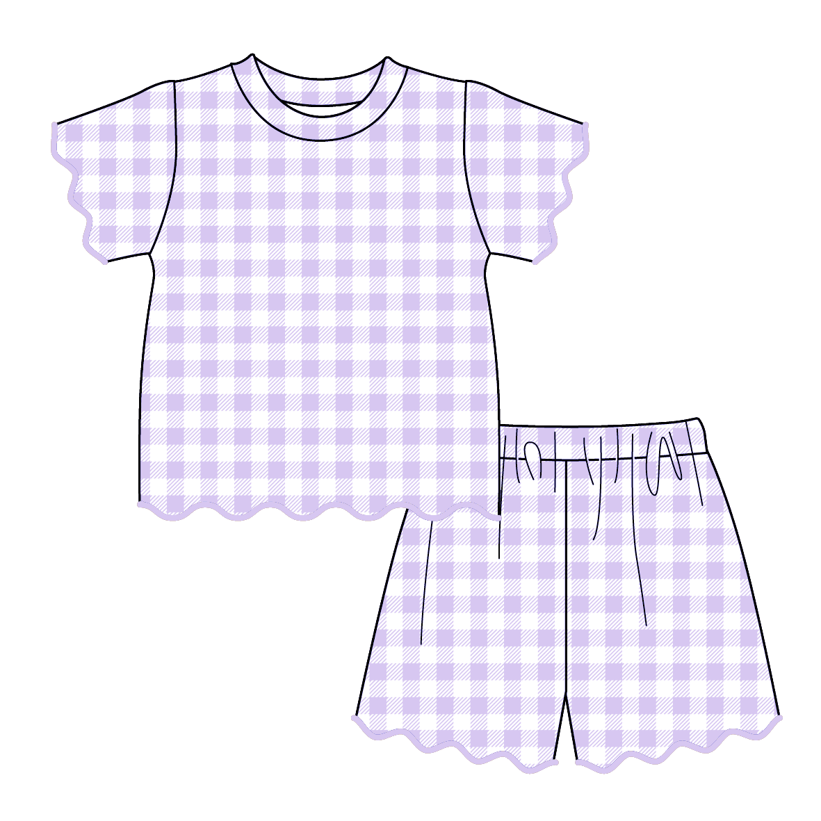 （Pre Order）Girls Spring & Summer Plaid Scallop Shorts Set