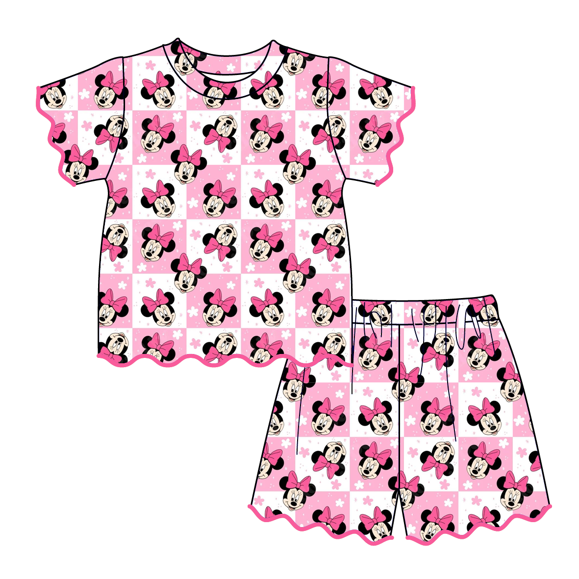 （Pre Order）Girls Spring & Summer Cartoon Scallop Shorts Set