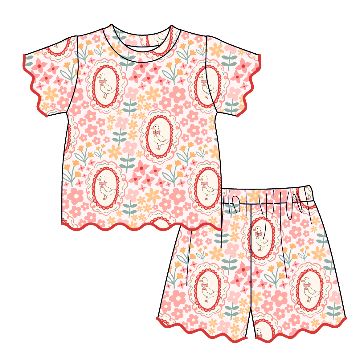 （Pre Order）Sisters Spring&Summer Goose Print Dress,Scallop Set&Romper