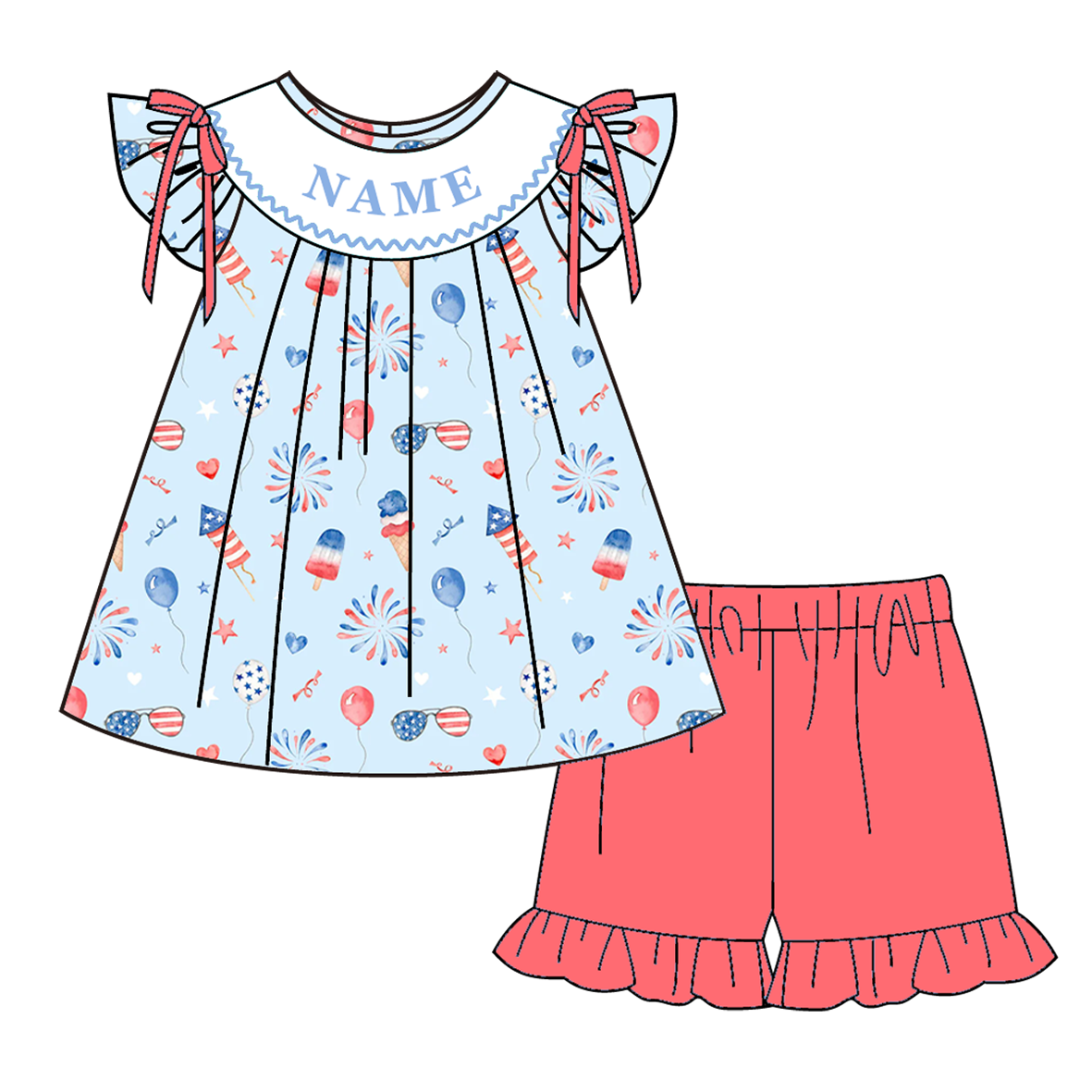 （Pre Order）Sisters Patriotic Embroidery Smocked Dress,Set&Romper-Customized name