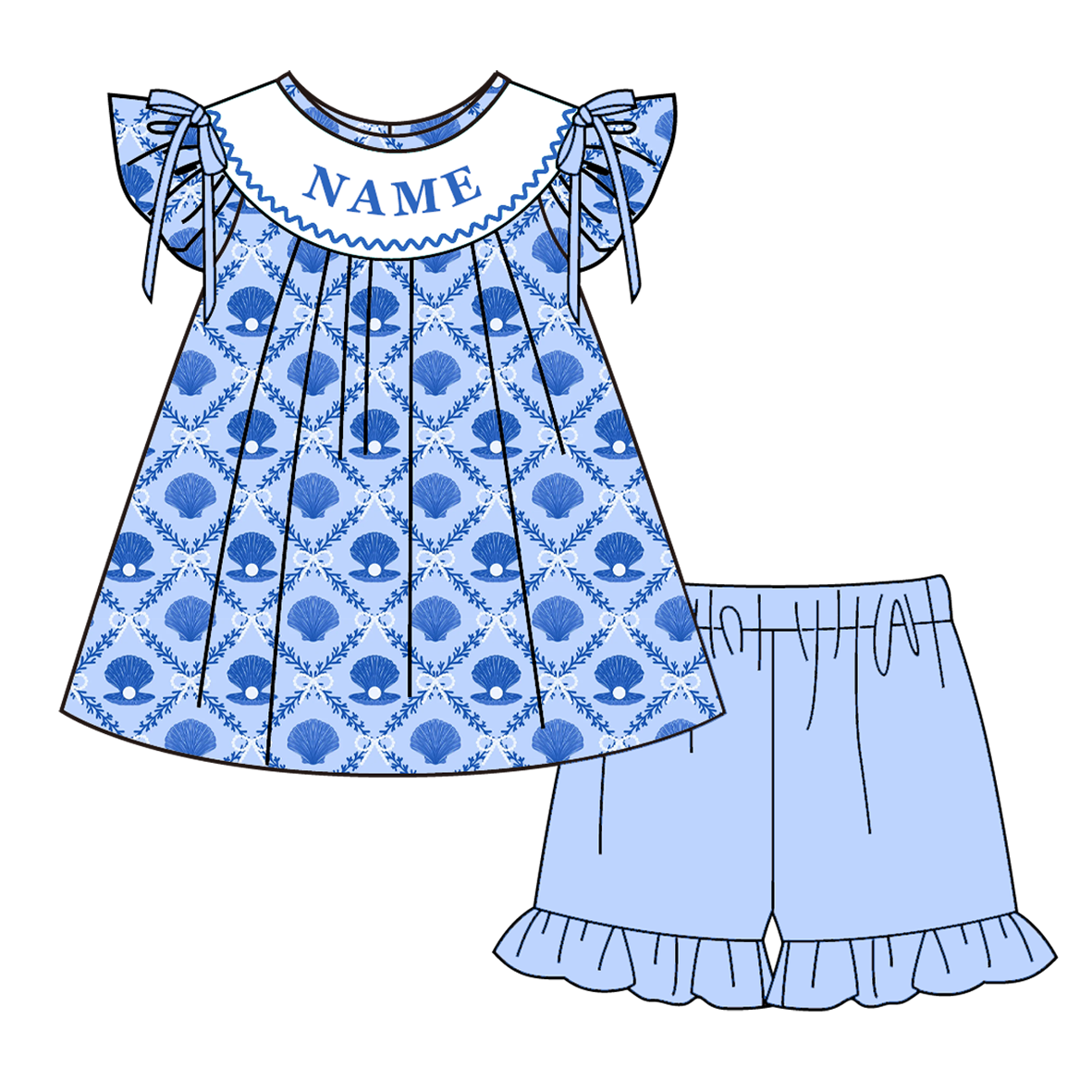 （Pre Order）Sisters Spring&Summer Seashell Embroidery Smocked Dress,Set&Romper-Customized name